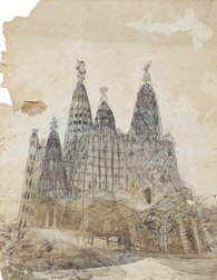 Dibujo de la parte exterior de la iglesia de la Colonia Güell, de Antonio Gaudí. Balclis