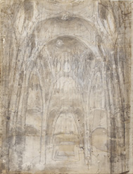 Dibujo de la parte interior de la iglesia de la Colonia Güell, de Antonio Gaudí. Balclis