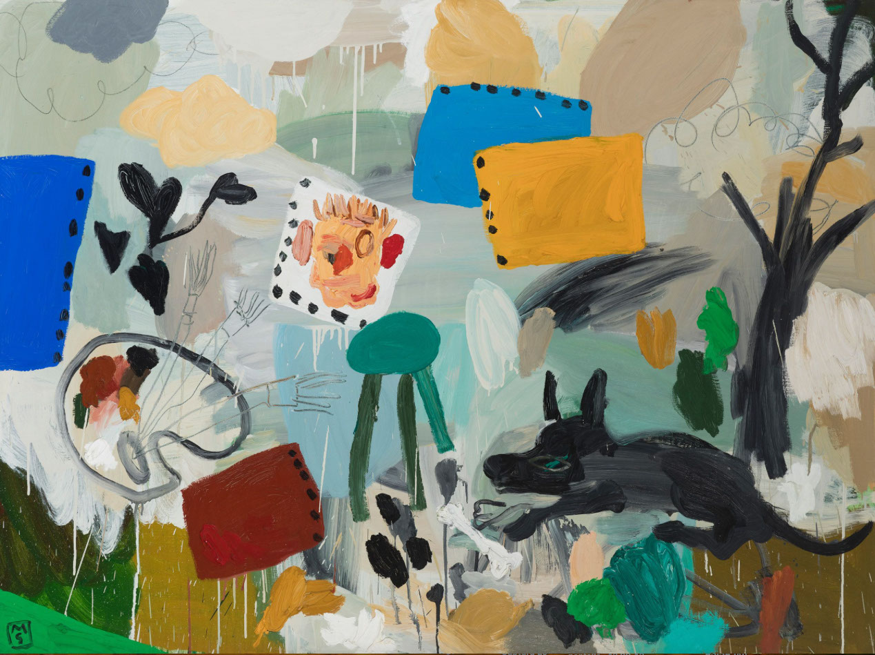 Matías Sánchez, El estudio al aire libre, 2010 Este cuadro de Matías Sánchez se titula El estudio del pintor al aire libre. A la izquierda vemos una paleta de pintor, de la que salen tres brazos; junto a la paleta, un taburete donde se debe sentar la persona que será retratada o el pintor. A su lado, junto a las huellas de los zapatos del personaje, y a la derecha, a los pies del taburete un perro negro tumbado en suelo con un hueso blanco cerca. Todo ello en un paisaje colorido muy simplificado, con un árbol y nubes, con colores azules, verdes, blancos y negros, fundamentalmente