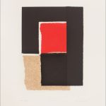 Grabado al aguafuerte con collage de Rafael Canogar, con un cuadrado en el centro en papel rojo intenso y otro rodeándolo en negro, con aguafuerte y papel, y el extremo inferior izquierdo en beige, con un papel