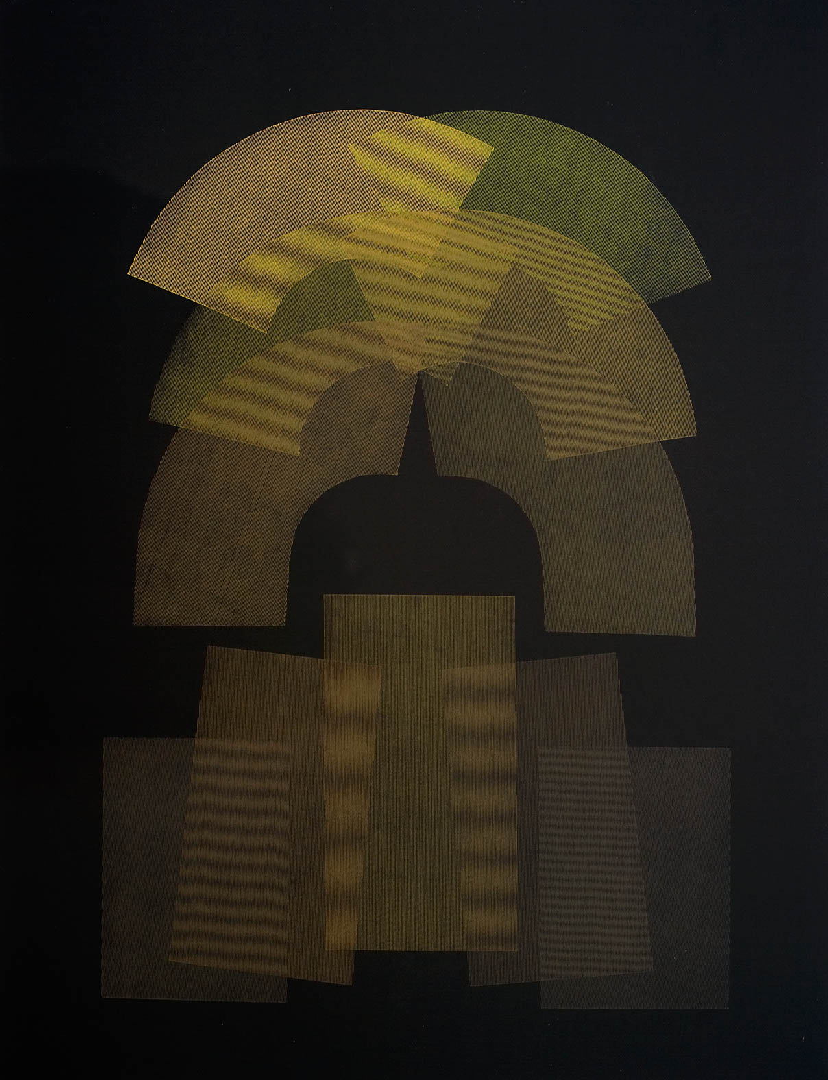 Eusebio Sempere, Arcos y rectángulos, 1976 Serigrafía de Eusebio Sempere de 1976 donde sobre un fondo negro se levantan seis arcos arriba, con intersecciones, y cinco rectángulos abajo, con intersecciones también, que crean una trama diferente