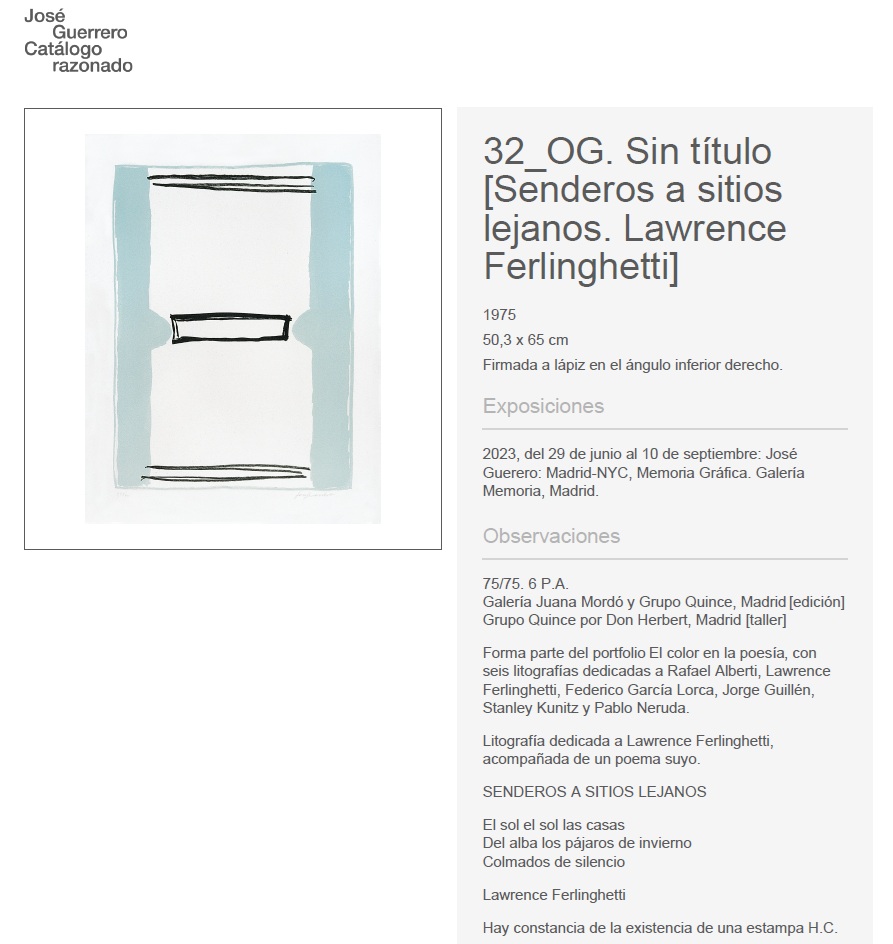 José Guerrero, El color de la poesía, Sin título [Senderos a sitios lejanos. Lawrence Ferlinghetti], 1975, catalogue